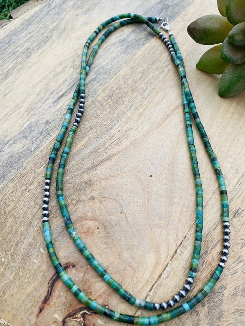 Navajo Turquoise & Sterling Silver Beaded 40 Inch Necklace