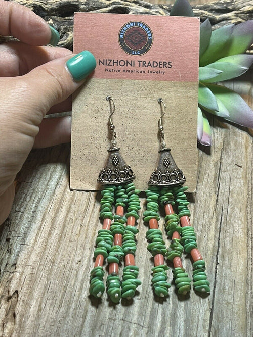 Navajo Sterling Dyed Green Kingman Turquoise and Pink Coral Bead Earrings