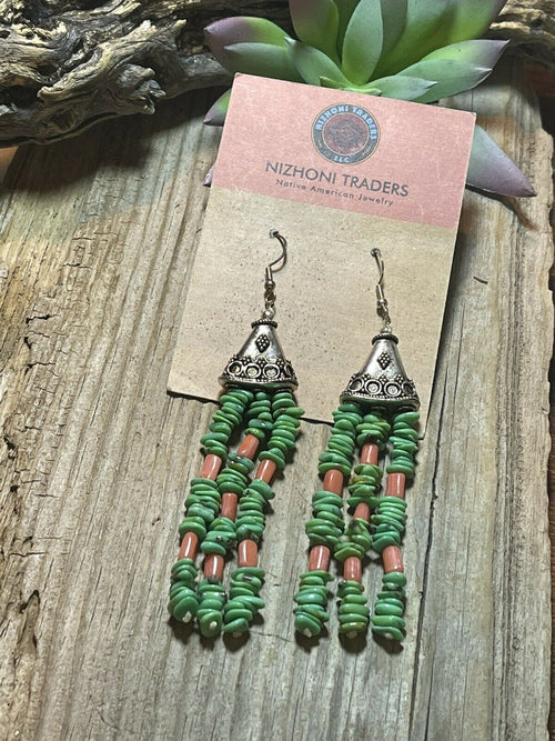 Navajo Sterling Dyed Green Kingman Turquoise and Pink Coral Bead Earrings