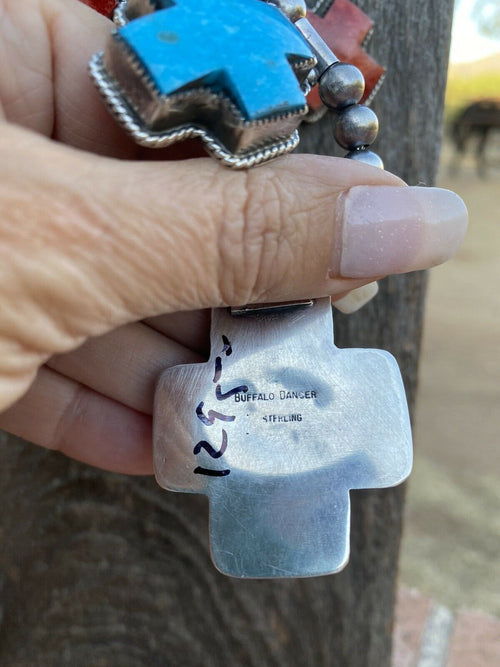 Buffalo Dancer Kingman Turquoise & Spiny Sterling Cross Beaded Necklace Signed