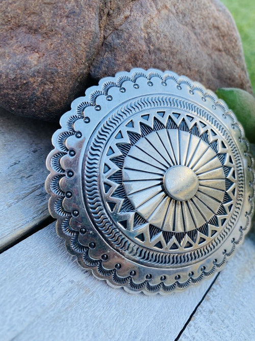 Vintage Navajo Hand Stamped Sterling Silver Belt Buckle Signed