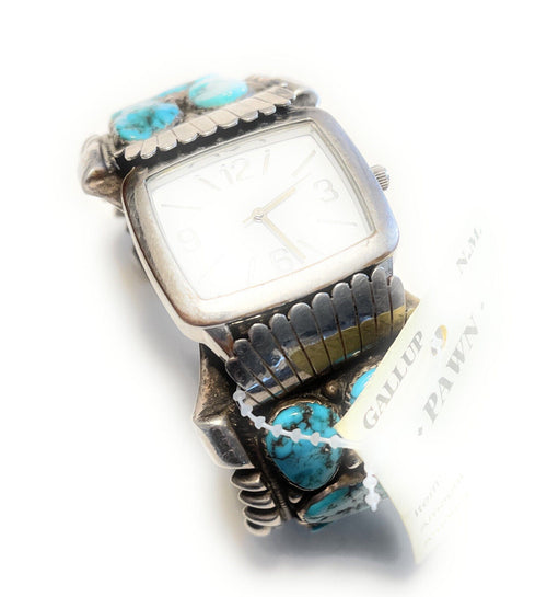Vintage Handcrafted Sterling Silver & Kingman Turquoise Non Working Watch Bracelet