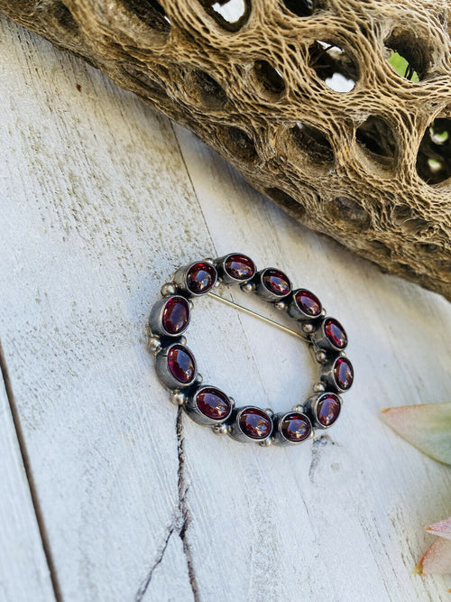 Vintage Navajo Garnet  Sterling Silver Brooch Signed