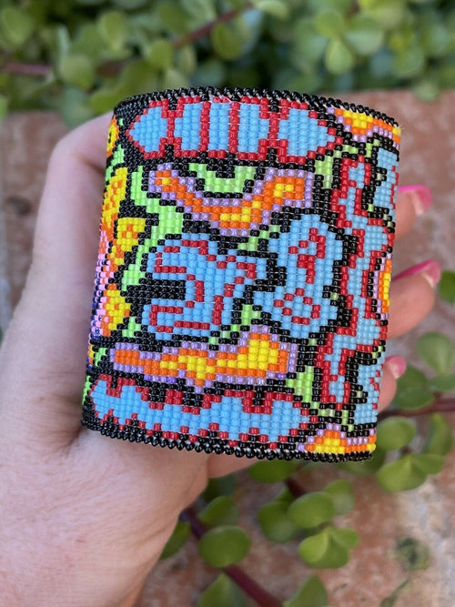 Navajo Handmade Beaded Flower Lotus Cuff Bracelet