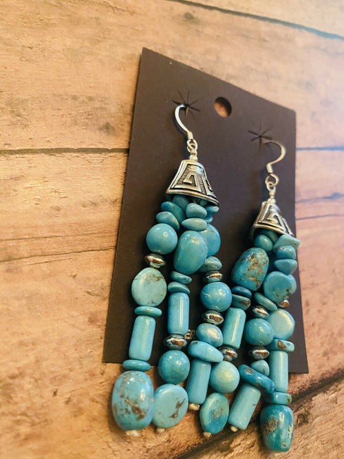 Navajo Turquoise And Sterling Silver Beaded Tassel Dangle Earrings