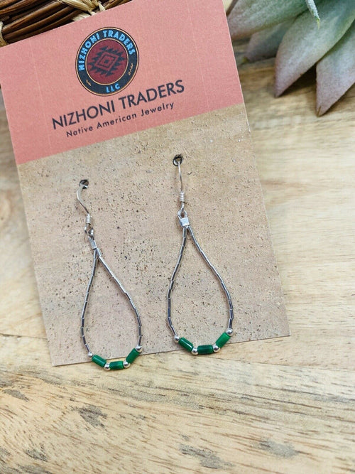 Navajo Sterling Liquid Silver & Malachite Beaded Dangle Earrings