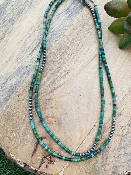 Navajo Turquoise & Sterling Silver Beaded 40 Inch Necklace