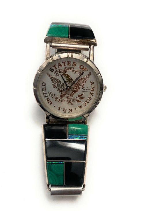 Old Pawn Vintage Navajo Onyx, Malachite, Opal & Sterling Silver Inlay Watch