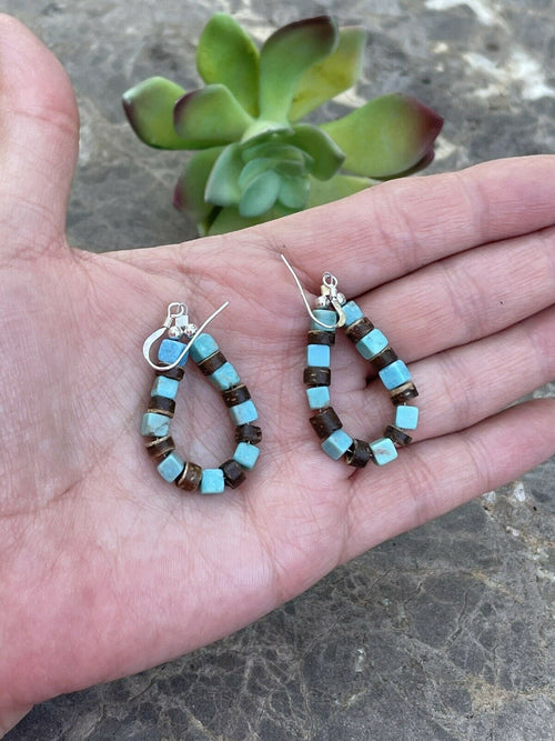 Navajo Turquoise & Jasper Sterling Silver Beaded Dangle Hoop Earrings