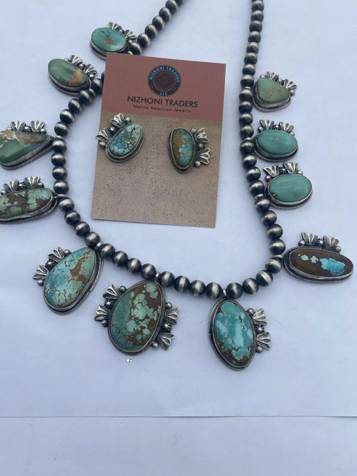 Stunning Handcrafted Sterling Silver Royston Turquoise Beaded Necklace & Earring Set by Bobby Johnson