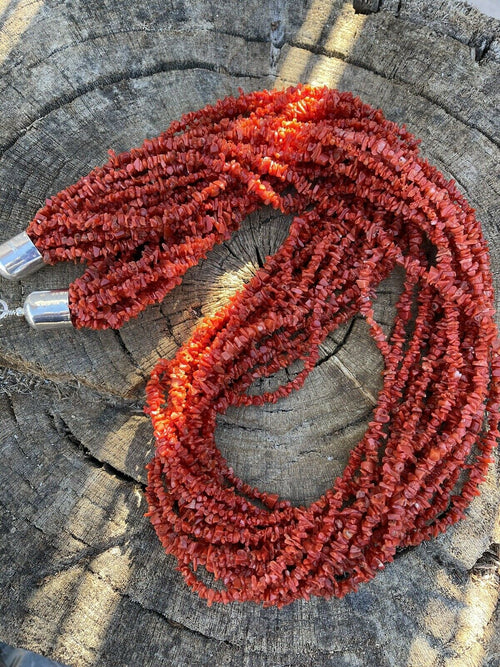 Navajo Sterling Silver Natural Coral 15 Strand Bead 36 Inch Necklace