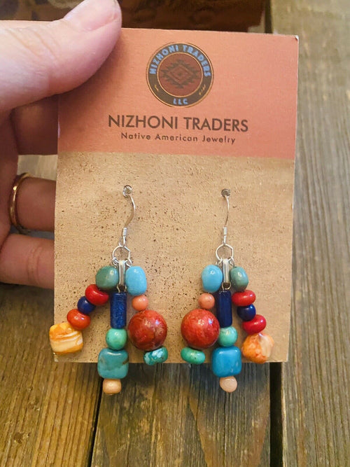 Navajo Sterling Silver Multi Stone Beaded Dangle Earrings