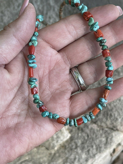 Navajo Turquoise, Heishi and Coral Beaded 16 Inch Necklace