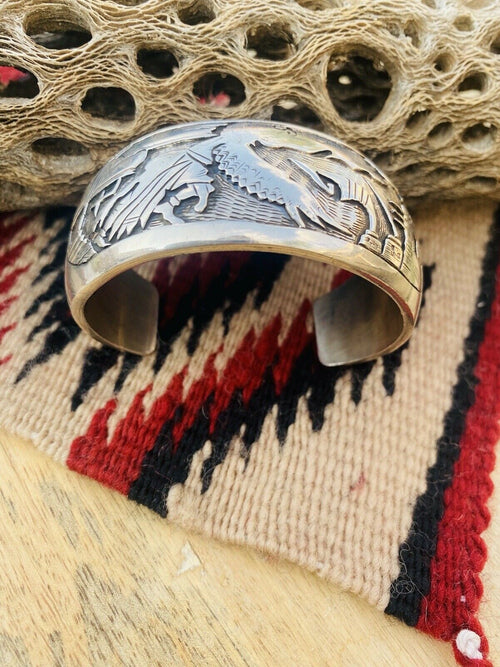 Vintage Handcrafted Sterling Silver Story Teller Cuff Bracelet