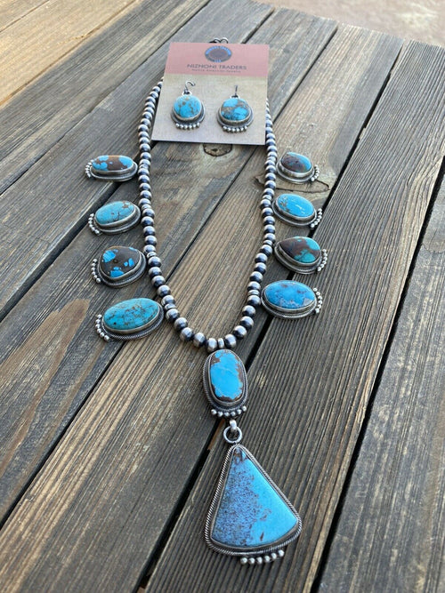 Handcrafted Sterling Silver Royston Turquoise Beaded Necklace & Earring Set