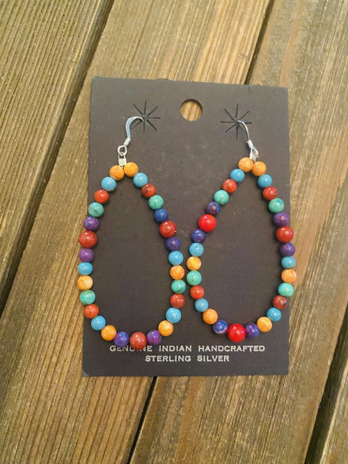 Navajo Sterling Silver Multi Stone Beaded Dangle Earrings