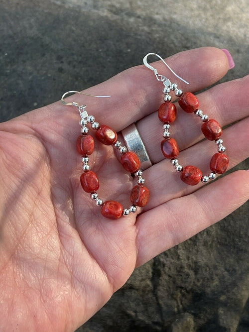 Navajo Sterling Silver Apple Coral Loop Beaded Dangle Earrings