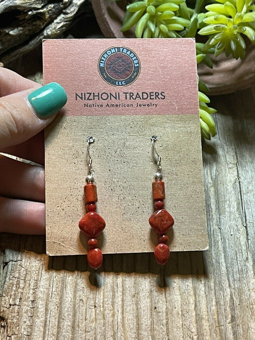 Navajo Sterling Silver Apple Coral Strand Beaded Earrings