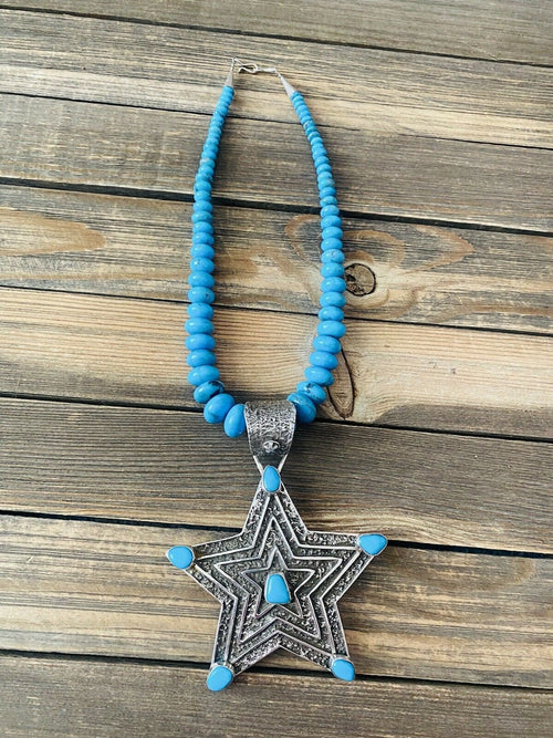 Navajo Turquoise & Sterling Silver Tufa Cast Star Beaded Necklace