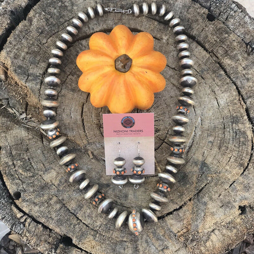 Navajo Orange Spiny & Sterling Navajo Disk Pearl 20 Mm -12 Mm Bead Necklace Set