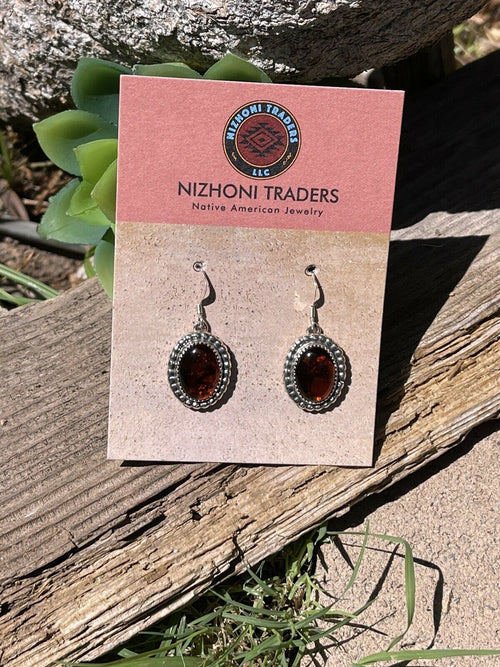 Navajo Sterling Silver and Bead Dot Style Amber Dangle Earrings