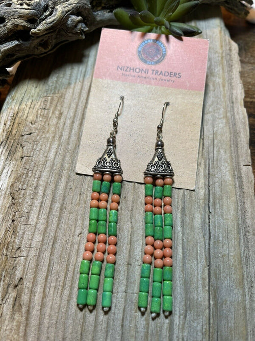 Navajo Sterling Dyed Green Kingman Turquoise and Pink Coral Bead Earrings