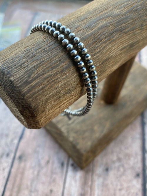 Sterling Silver 3mm 7.5 Inch Handcrafted Pearl Style  Beaded Bracelet