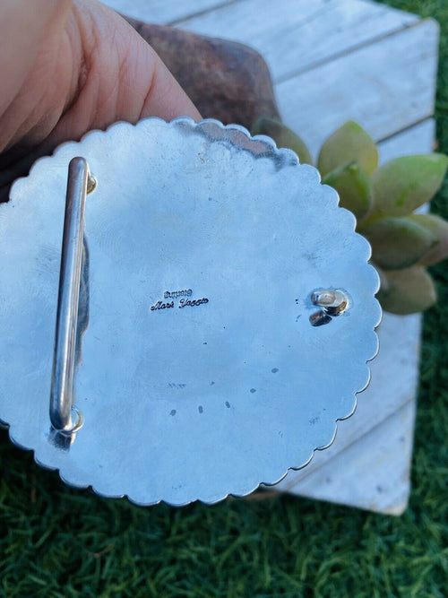 Vintage Navajo Hand Stamped Sterling Silver Belt Buckle Signed