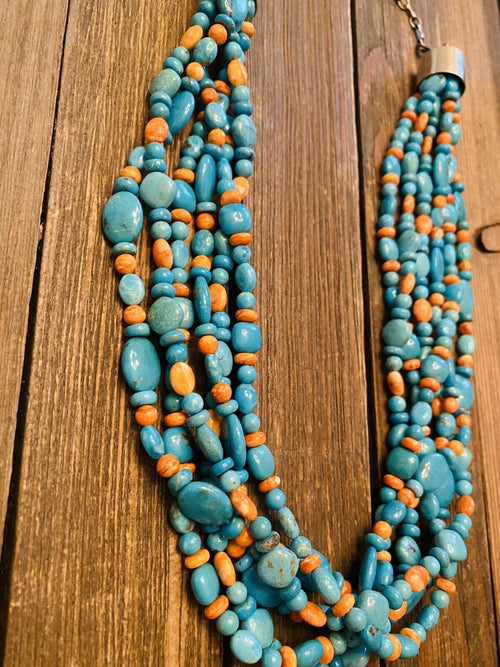 Navajo Turquoise, Spiny & Sterling Silver 6-Strand Beaded Necklace