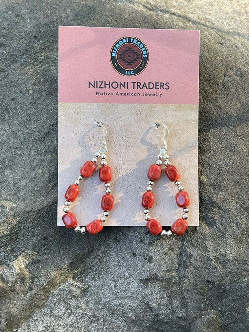 Navajo Sterling Silver Apple Coral Loop Beaded Dangle Earrings