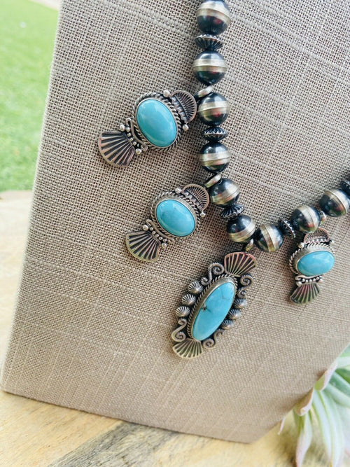 Navajo Turquoise & Sterling Silver Beaded Necklace Signed