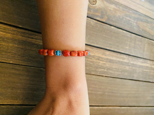 Navajo Coral, Turquoise & Sterling Silver Beaded Bracelet