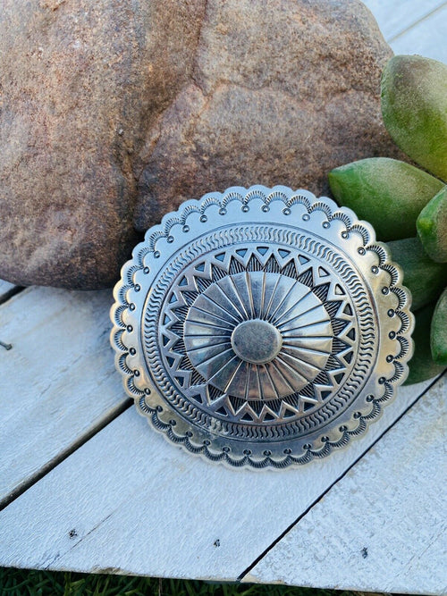 Vintage Navajo Hand Stamped Sterling Silver Belt Buckle Signed