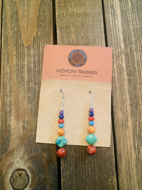 Navajo Sterling Silver Multi Stone Beaded Dangle Earrings