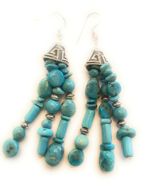 Navajo Turquoise And Sterling Silver Beaded Tassel Dangle Earrings