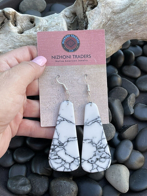 Navajo Sterling Silver & White Buffalo Slab Dangle Earrings