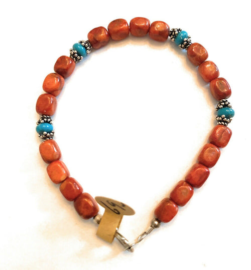 Navajo Coral, Turquoise & Sterling Silver Beaded Bracelet