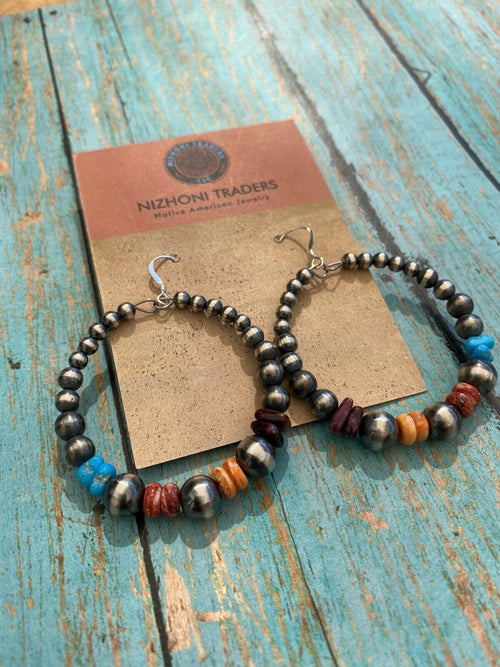 Navajo Sterling Silver Multi Stone Beaded Dangle Hoop Earrings