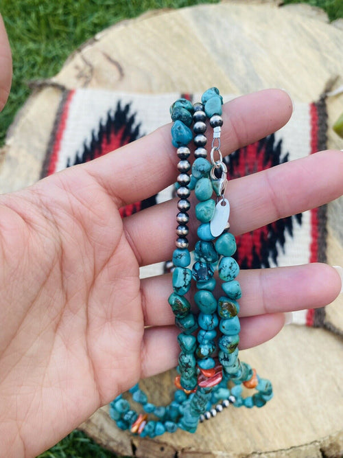 Navajo Turquoise, Spiny & Sterling Silver Beaded 60 Inch Necklace