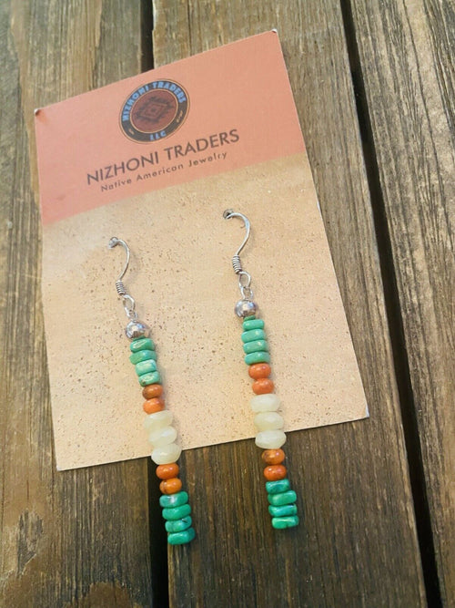 Navajo Sterling Silver Multi Stone Beaded Dangle Earrings