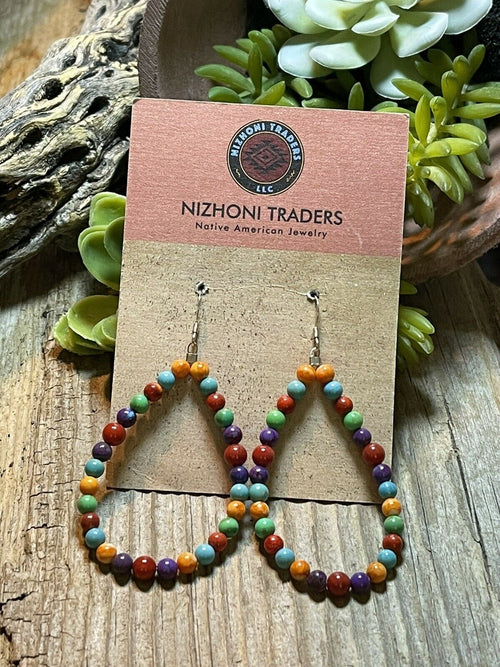 Navajo Sterling Silver Turquoise Multi Stone Beaded Hoop Dangle Earrings