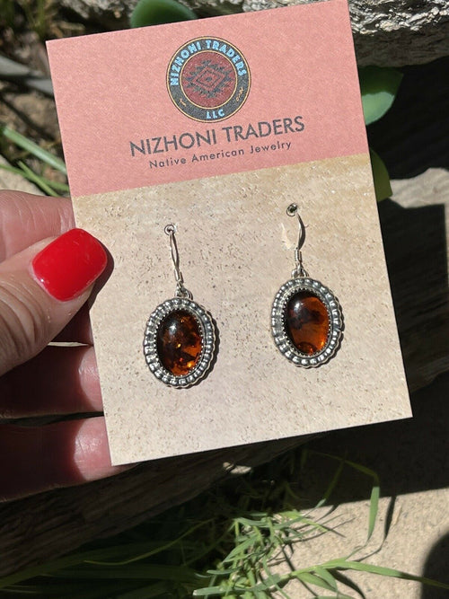 Navajo Sterling Silver and Bead Dot Style Amber Dangle Earrings