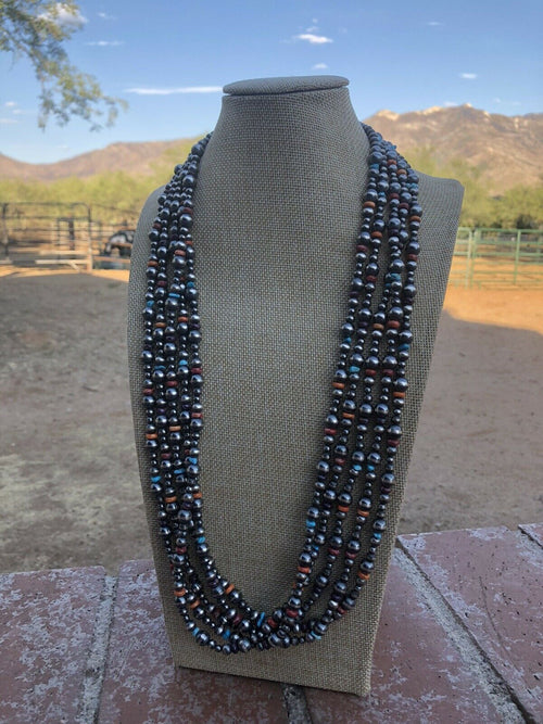 Navajo Multi Stone & Sterling Silver Beaded Necklace 30 inches