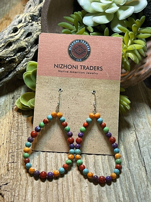 Navajo Sterling Silver Turquoise Multi Stone Beaded Hoop Dangle Earrings