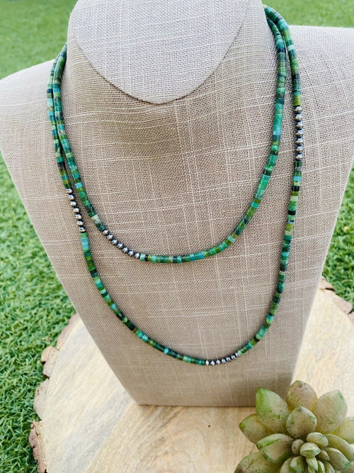 Navajo Turquoise & Sterling Silver Beaded 40 Inch Necklace