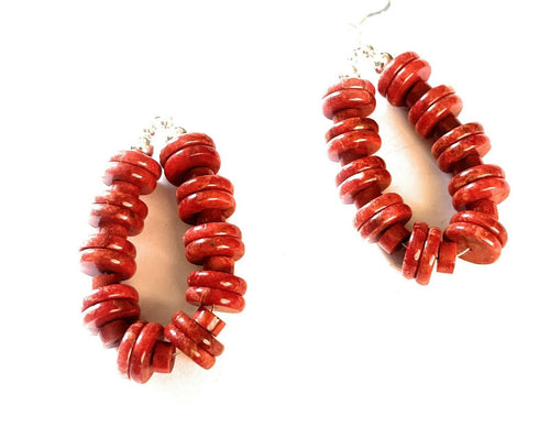 Navajo Sterling Silver Double Bead Apple Coral Dangle Hoop Earrings