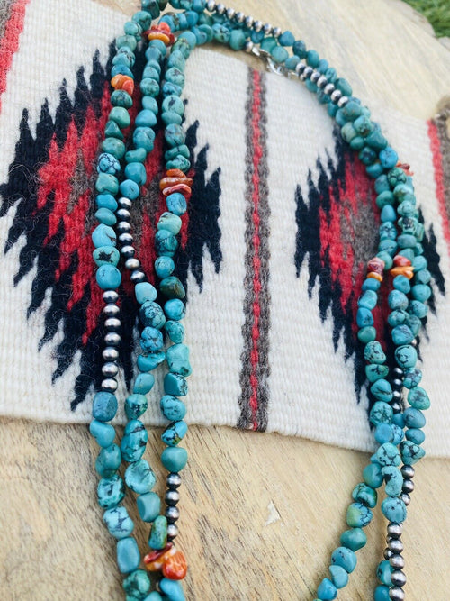 Navajo Turquoise, Spiny & Sterling Silver Beaded 60 Inch Necklace