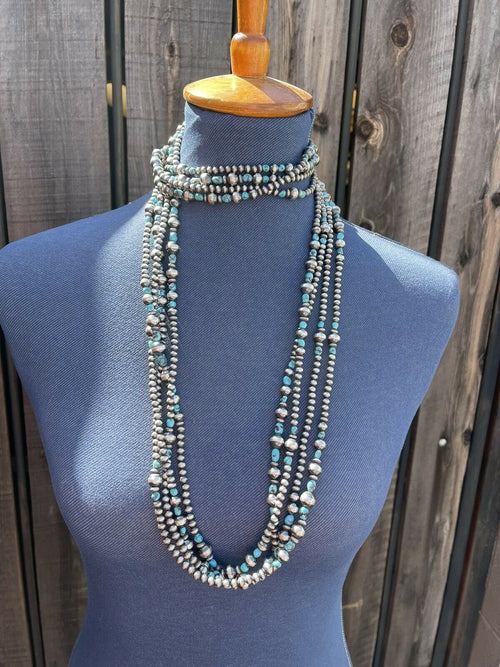 Navajo Turquoise Stone & Sterling Silver Beaded Necklace 15 Feet 3 Inches