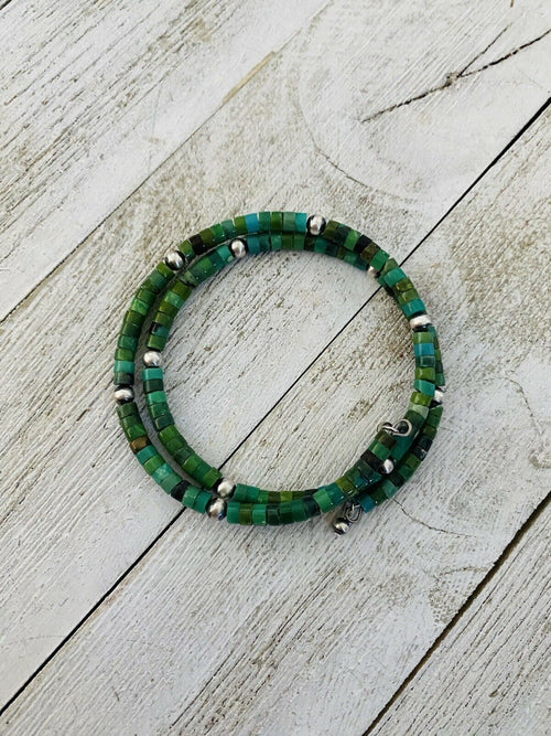 Navajo Turquoise & Sterling Silver Beaded Wrap Bracelet