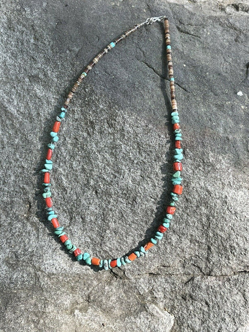 Navajo Turquoise, Heishi and Coral Beaded 16 Inch Necklace